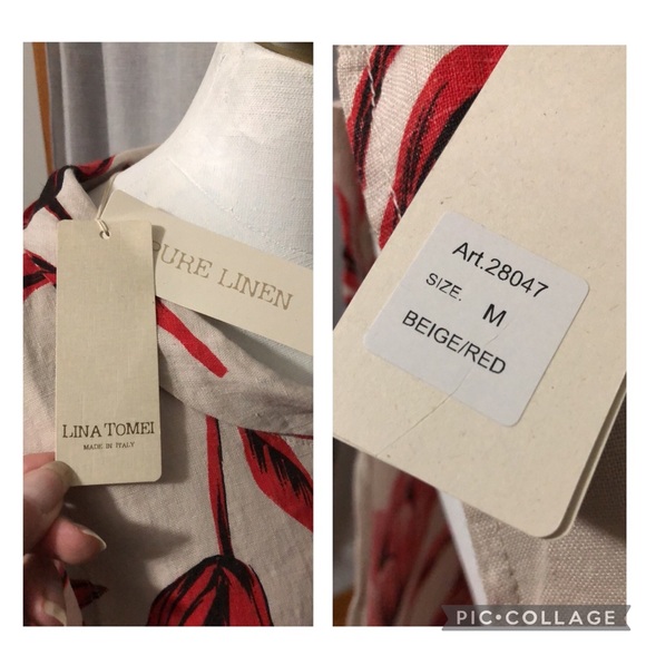 NWT Lina Tomei Linen Dress-Sz M-Beige and Red Floral Print-Wider Folded Collar - Picture 9 of 16